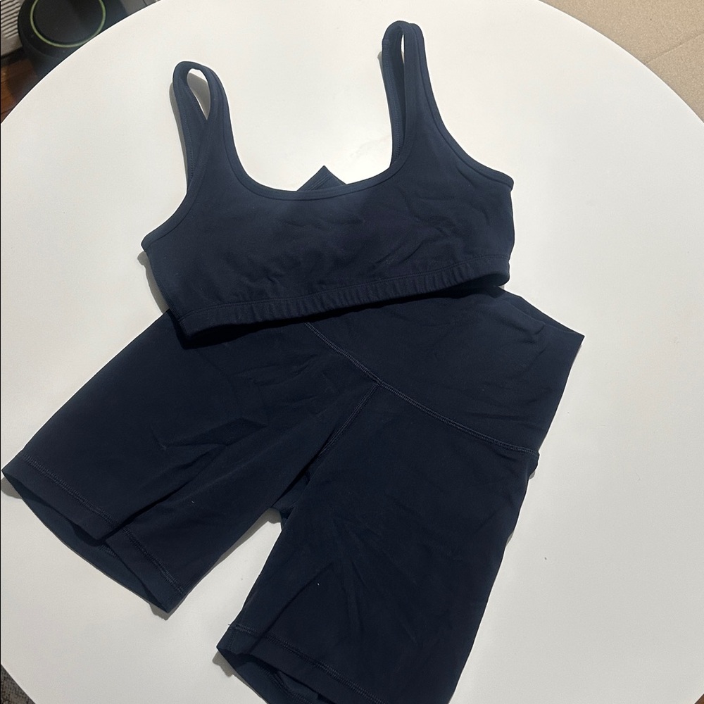 Aritzia TNAction Navy Blue Sports Bra and Biker Shorts Set